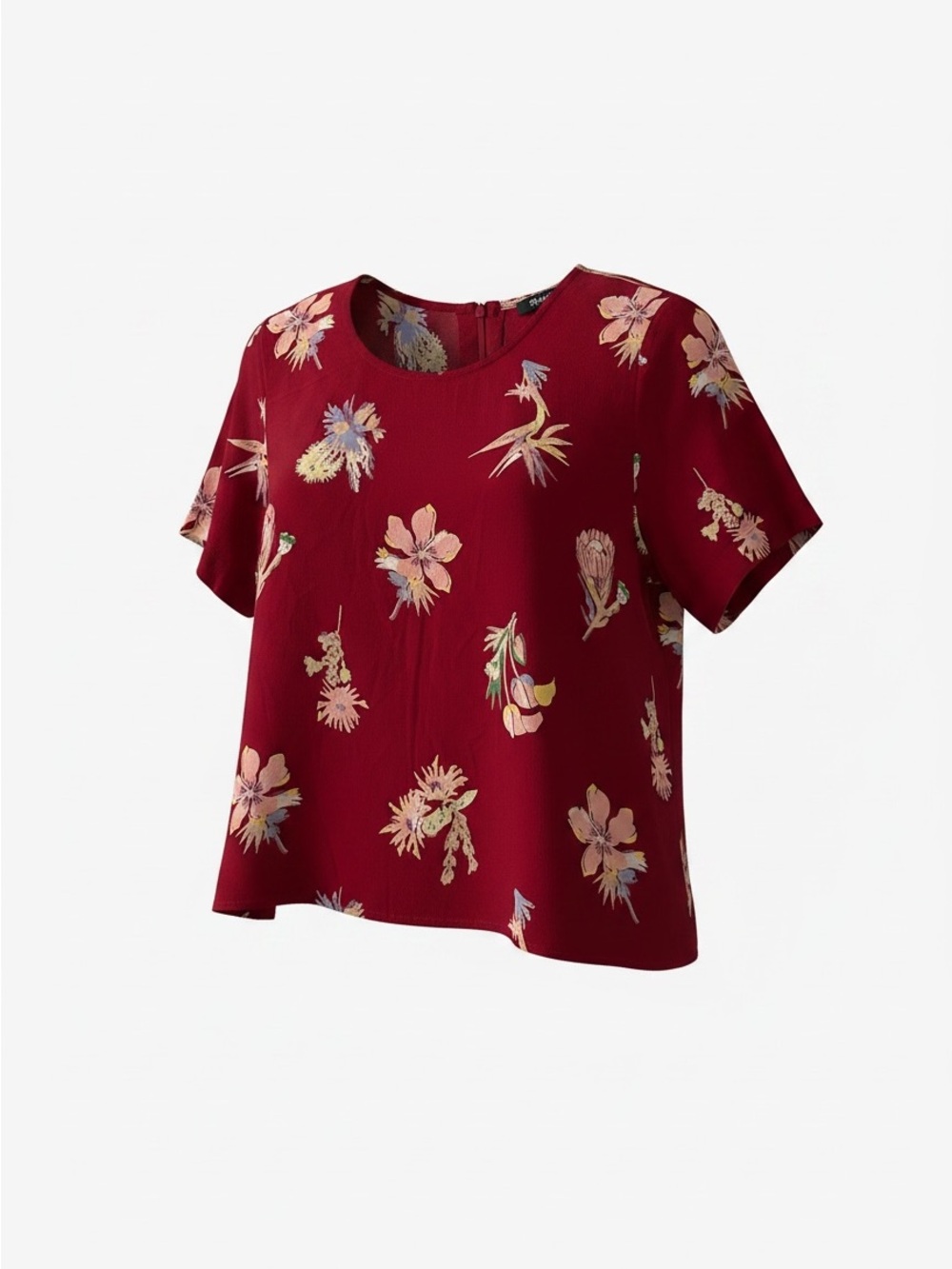 Madewell Floral Short-Sleeve Blouse in Burgundy with Pastel Blooms